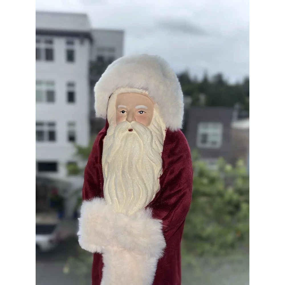 Freestanding Santa Claus Figurine Red Coat White Faux Fur Trim Fabric Decor